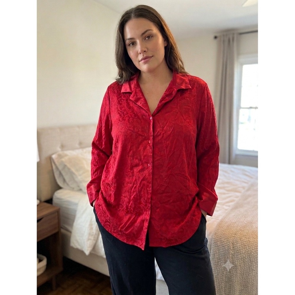 Cacique Red Damask Jacquard Button Down Sleep Shirt Satin Trim Plus Size 18/20‎